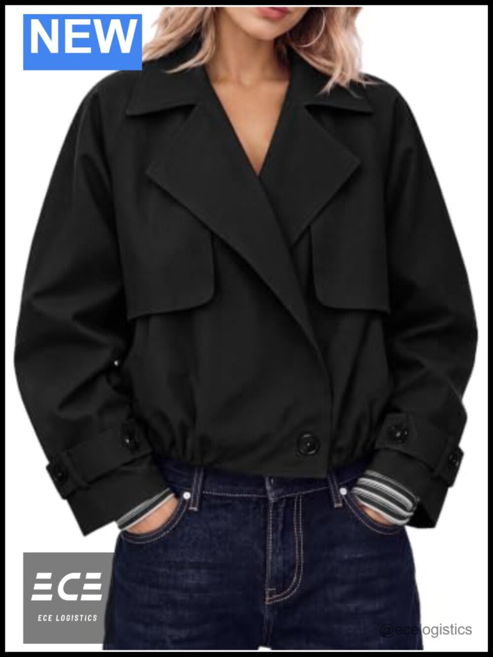 Womens Cropped Trench Coat Long Sleeve Notch Lapel Buttoned Jacket